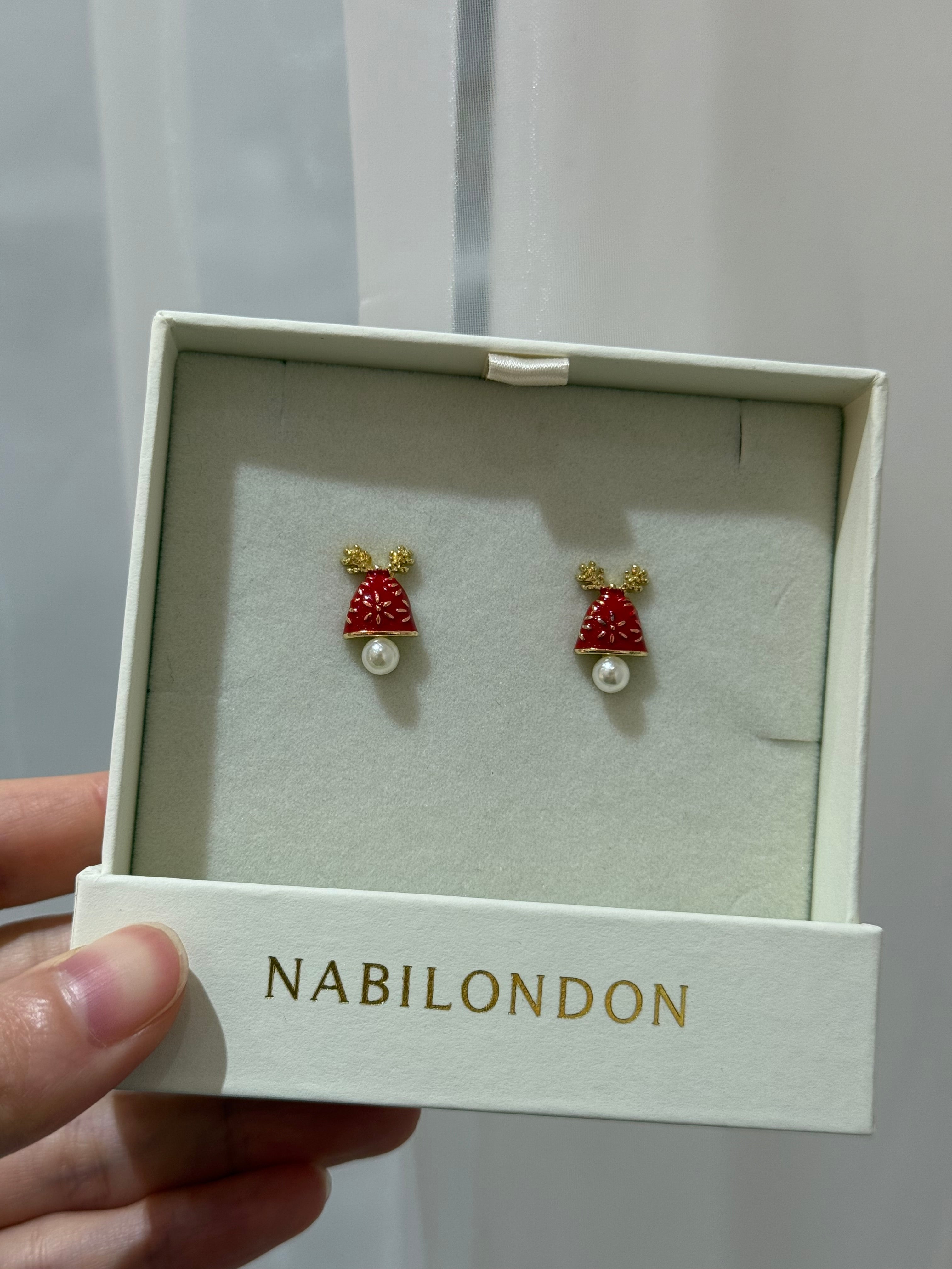 Christmas reindeer pearl bell earrings